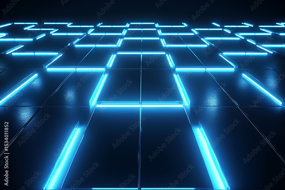 Poster 3d render, abstract background with neon-glowing squares and lines in a dark room. glowing digital b