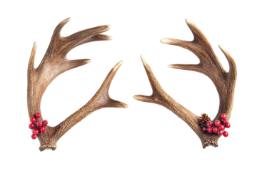 Reindeer antlers with decorative berries and pinecones isolated on a white background set in a festive winter theme