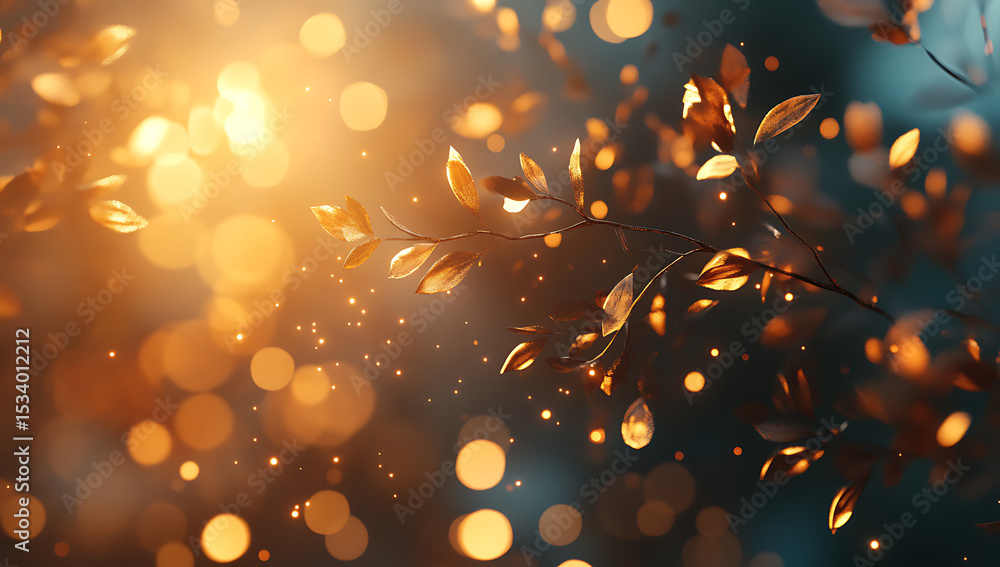 Poster 3d render, abstract golden light rays background with bokeh lights and particles