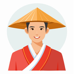 An illustrated portrait of a smiling Asian man wearing a traditional conical hat and a red robe, set against a light blue background