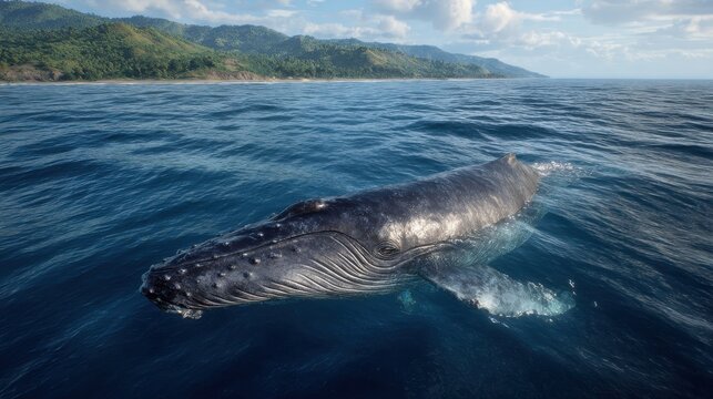 Humpback whale swimming near tropical coastline ocean view