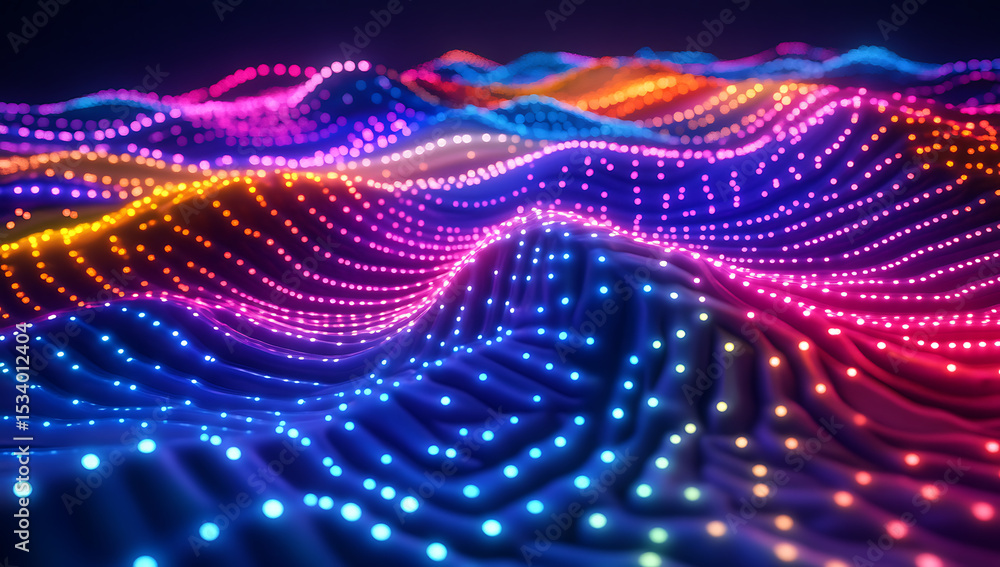 Poster 3d render, an abstract futuristic background with colorful glowing dots on a dark blue wave landscap