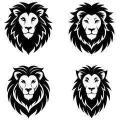 Four Black and White Lion Head Designs with Different Mane Styles and Expressions