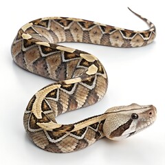 Fototapeta premium Gaboon Viper – Coiled Snake with Leaf Camouflage on White Background