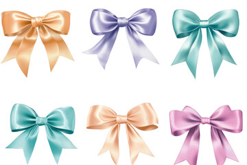 Colorful ribbon bows displayed on a transparent background for decoration or craft projects, showcasing various styles and colors for gifting or event decoration