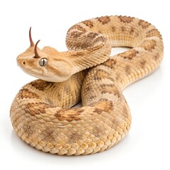 Obraz premium Desert Sand Viper – Coiled Saharan Horned Viper on Pure White Background