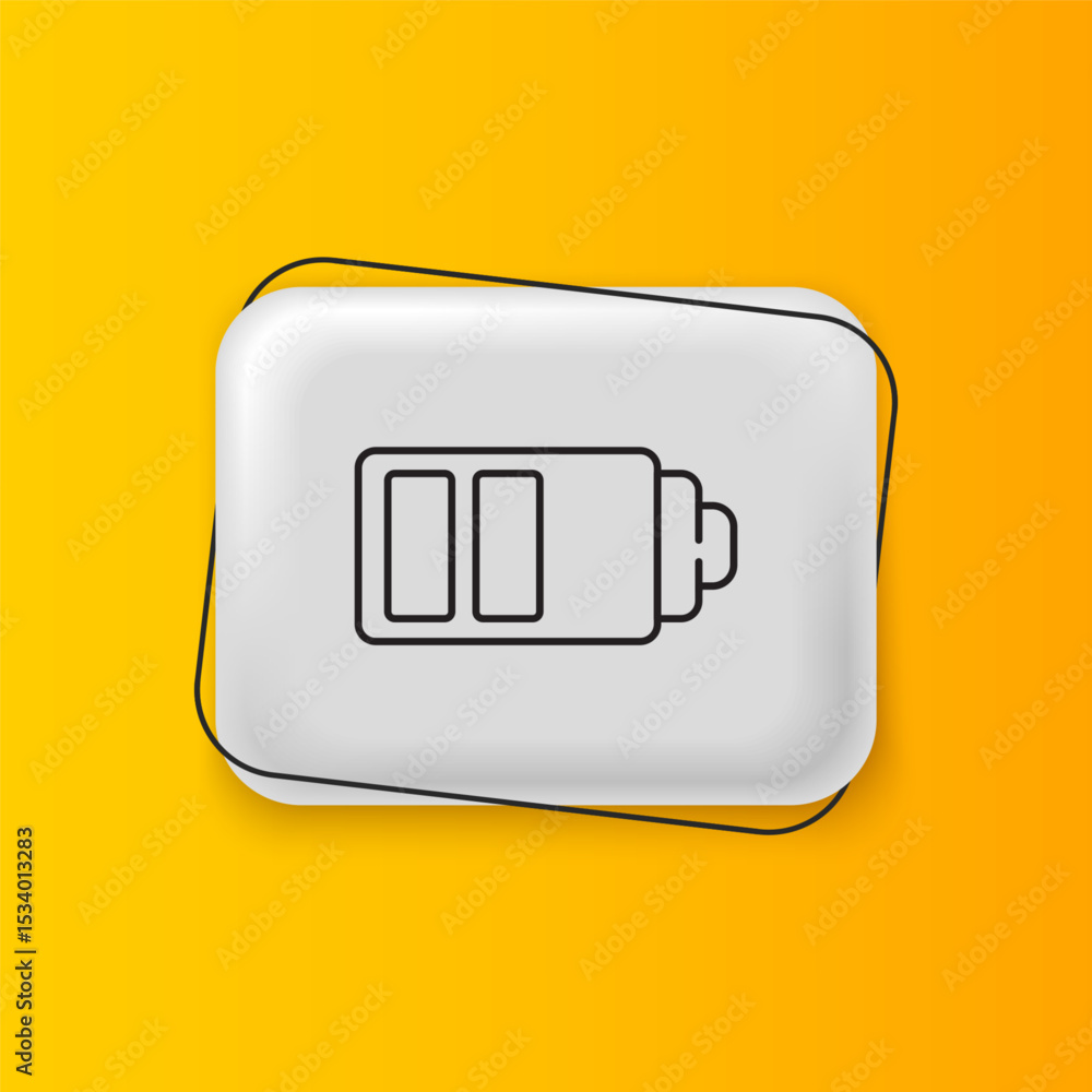 Poster black battery charge level indicator icon isolated on yellow background. silver rectangle button. ve