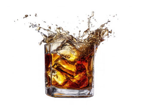 Splash of cola with ice in a glass