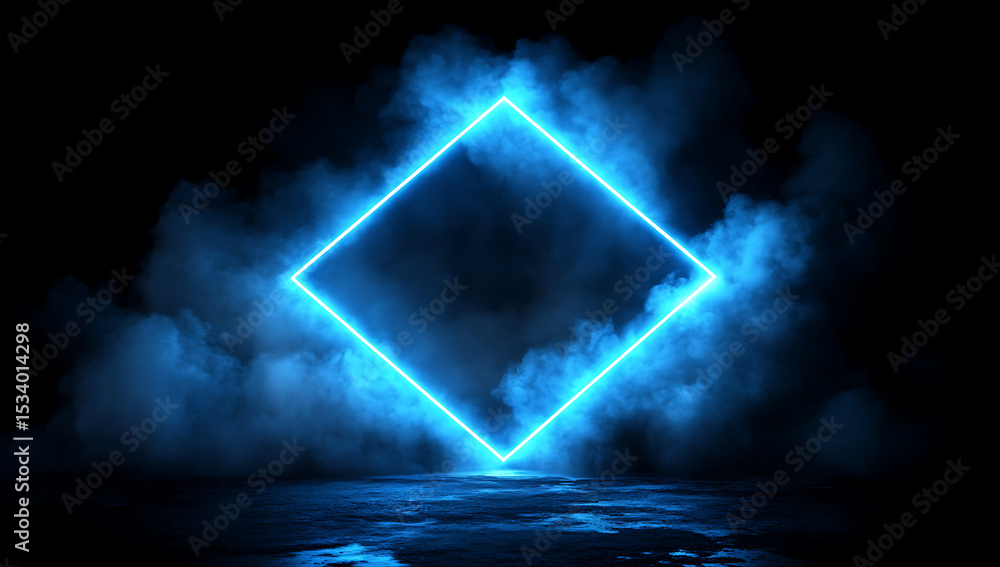 Poster 3d render, glowing blue neon square frame on a dark background with smoke and clouds. abstract futur