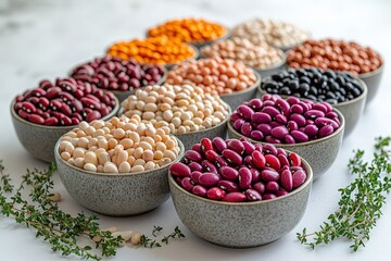 Vibrant array of dense bean salad in bowls on white surface