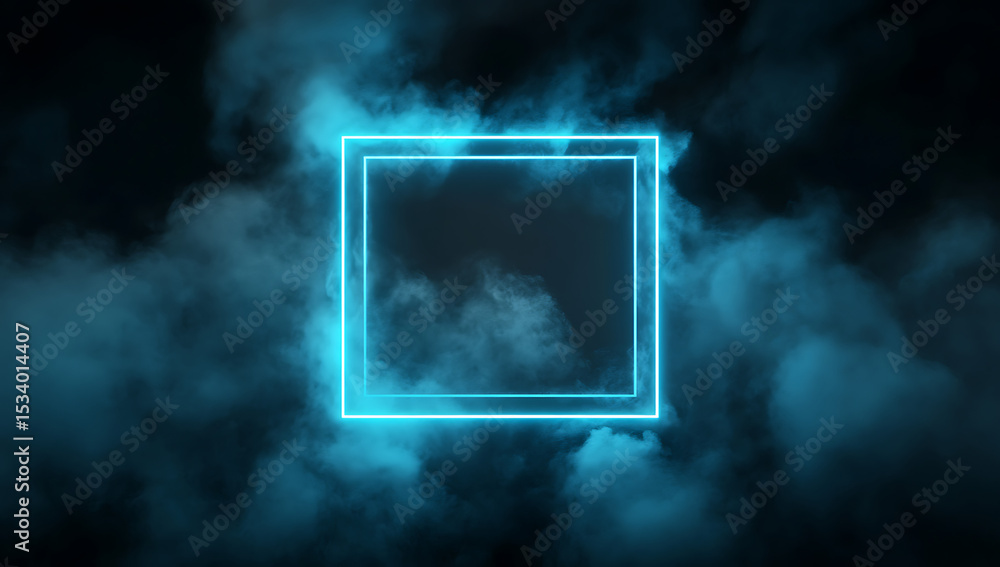 Poster 3d render, glowing blue neon square frame on a dark background with smoke and clouds. abstract futur