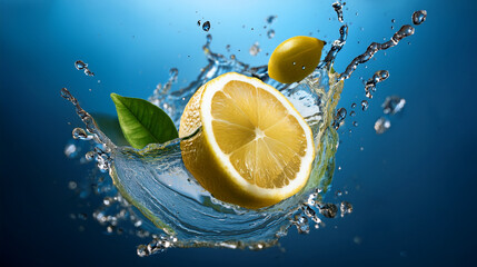 Świeża cytryna, plusk wody, listki, niebieskie tło