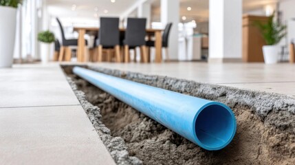 Blue plastic pipe laid in a trench, indoor floor, renovation, construction site.