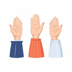 Obraz premium Illustration of three hands raised in the air with different colored sleeves, showing support, agreement, or a gesture of participation