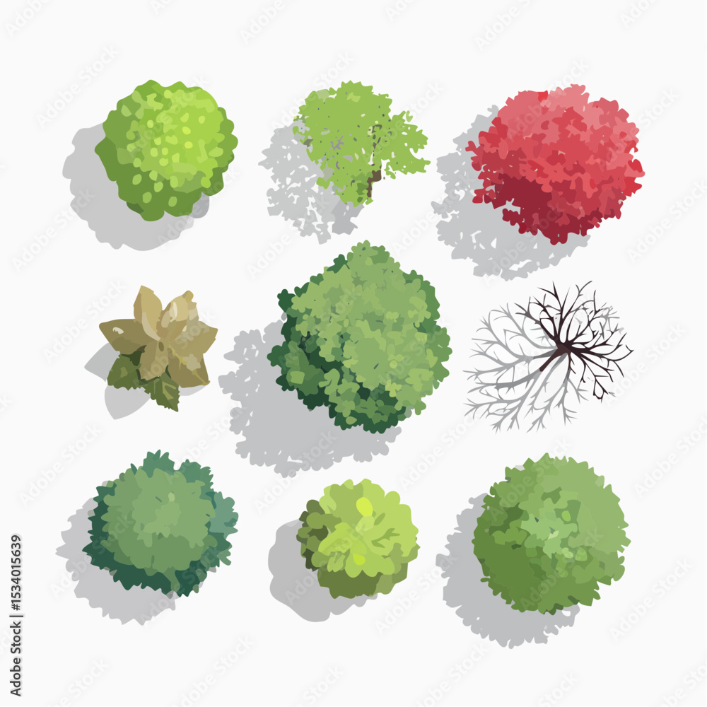 Poster vector illustration of various stylized trees and shrubs viewed from above with detailed shadows cas