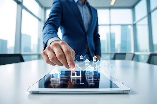 Businessman interacting with digital real estate concepts on a modern tablet computer
