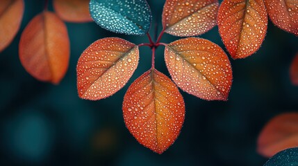 Close-up of vibrant autumn leaves with dew drops
