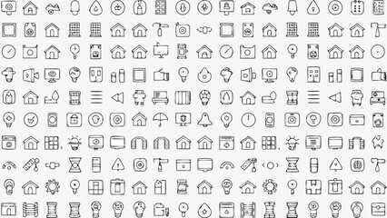 Illustration of a variety of hand drawn icons including houses lights cameras and other miscellaneous objects