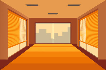 Obraz premium Empty indoor hotel corridor with modern architectural design, light, and open doors