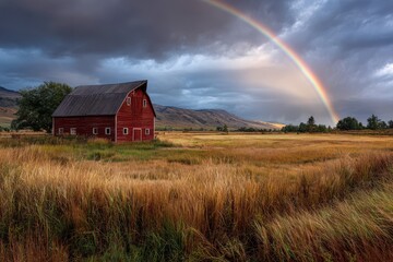 Red barn under rainbow in golden field landscape scenic
