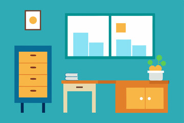 Modern kitchen interior with wood furniture, shelves, and a table, a vector illustration for home design