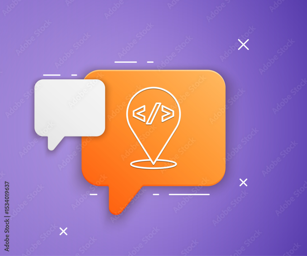 Poster white web design and front end development icon isolated on purple background. orange speech bubble 