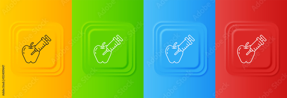 Poster white genetically modified apple icon isolated on colorful background. gmo fruit. syringe being inje