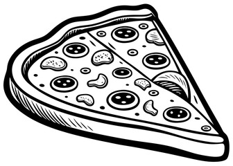 Silhouette pizza with tomato, cheese, olive, sausage, onion, basil Isolated white background