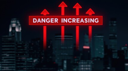Obraz premium Global Tensions and Conflict Escalation with Emerging Threats Concepts. A nighttime cityscape with red arrows pointing upward and a glowing warning sign reading 
