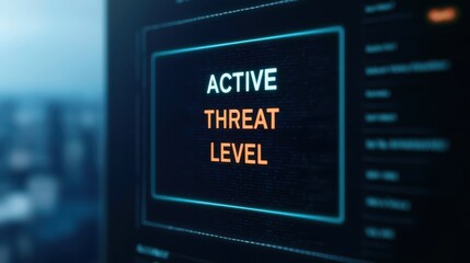 Global Tensions and Conflict Escalation with Emerging Threats Concepts. A digital screen displays the words "ACTIVE THREAT LEVEL" indicating a cybersecurity or security alert status.
