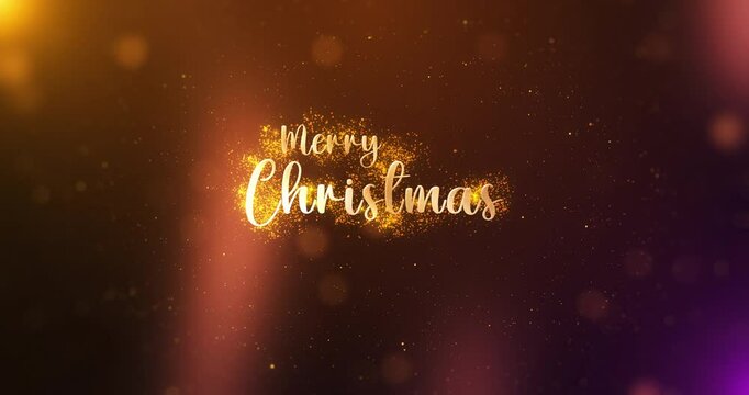 Merry Christmas glittering text on colorful particles background seamless looping. Holidays and celebration concept