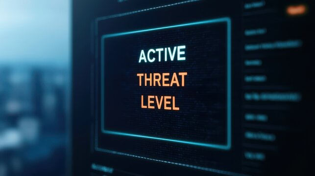 Global Tensions and Conflict Escalation with Emerging Threats Concepts. A digital screen displays the words "ACTIVE THREAT LEVEL" indicating a cybersecurity or security alert status.