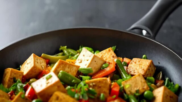 Close-up of stir-fried tofu with red peppers, green beans, and herbs in a dark pan. Preparing a healthy and tasty vegan meal.