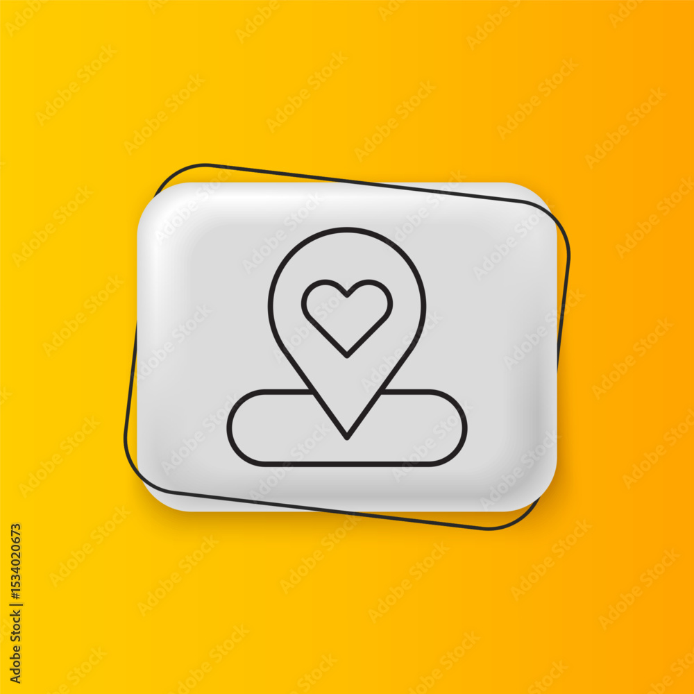 Poster black map pointer with heart icon isolated on yellow background. valentines day. love location. roma