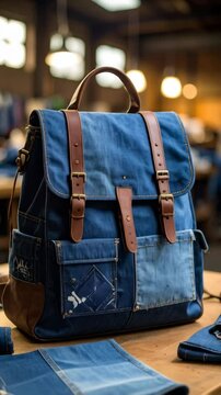 Blue denim backpack with brown leather straps and buckles, crafted with patchwork design on a wooden table, warm and industrial setting.