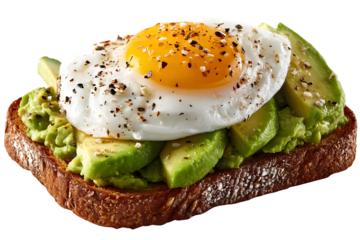 Avocado Toast Delight: A mouthwatering close-up of a culinary masterpiece featuring a perfectly fried egg atop a bed of creamy avocado, artfully arranged on toasted bread.