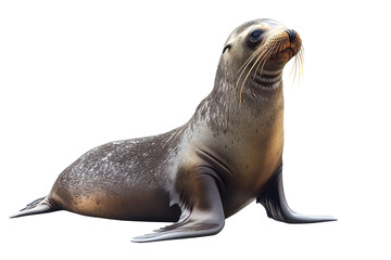 Naklejka premium Sea lion resting on a white background showcasing its unique features and textures in a serene, isolated environment