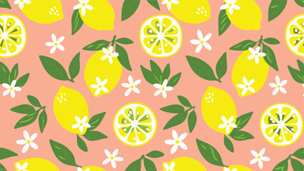 Seamless pattern featuring lemons, lemon slices, leaves, and white flowers on a light pink background