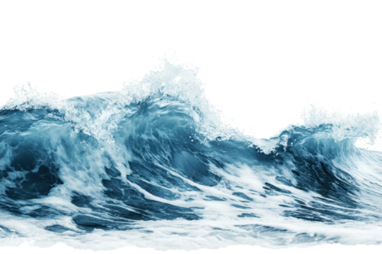 Ocean waves crashing on the shore under bright sunlight captured with clear visibility on a transparent background