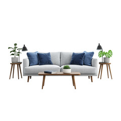 Modern sofa with gray cushions and potted plant on side table, isolated on a transparent background.  