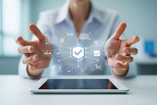 Businesswoman interacting with virtual interface on a tablet representing data analysis and verification.