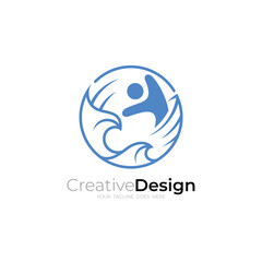 Logo of a fisherman in big waves, sea and ocean logo with line
