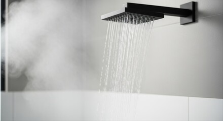 Modern black square shower head with flowing water and rising steam in a bathroom
