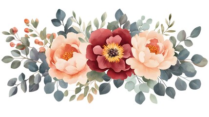 Delicate floral arrangement with peonies and eucalyptus.