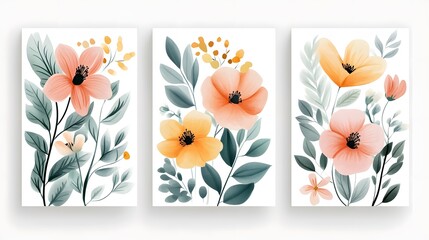 Three floral wall art pieces featuring blossoms and leaves.