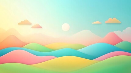 Colorful landscape with hills and soft clouds.