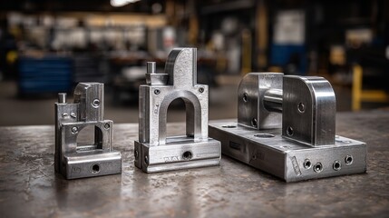 Three metal jig fixtures sitting on a workbench in a machine shop environment with blurred background
