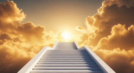 A white marble staircase to the sky among golden clouds during golden hour. The road to paradise