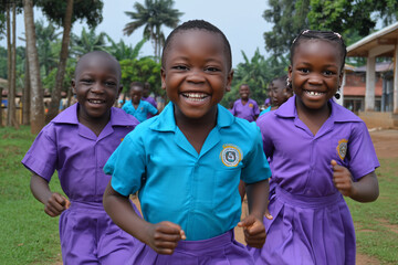 Happy African School Children Running Outdoors in Uniform