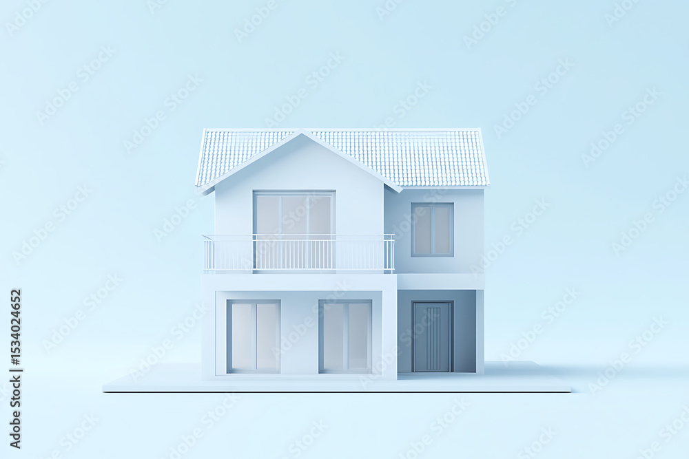 Poster 3d rendering of a simple two-story house on a light blue background. the design is in a white, icon-